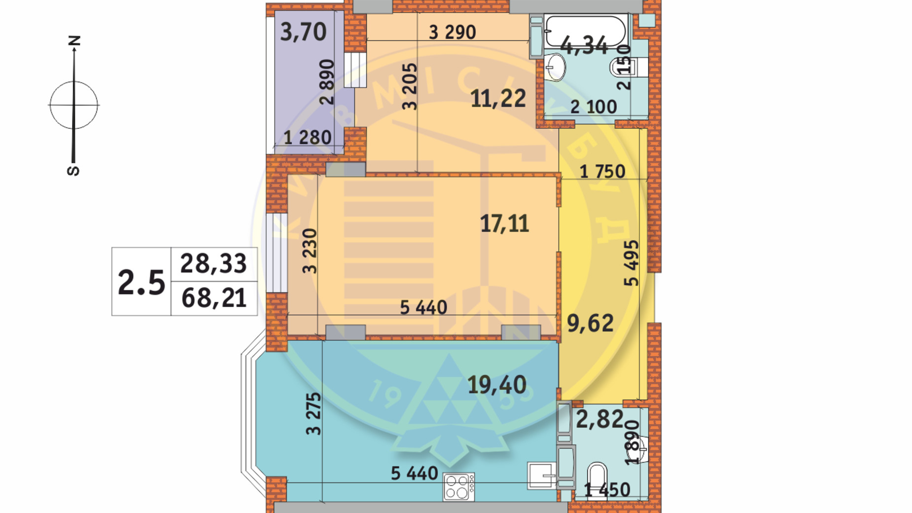Планування 2-кімнатної квартири в ЖК Чарівне Місто 68.21 м², фото 237806