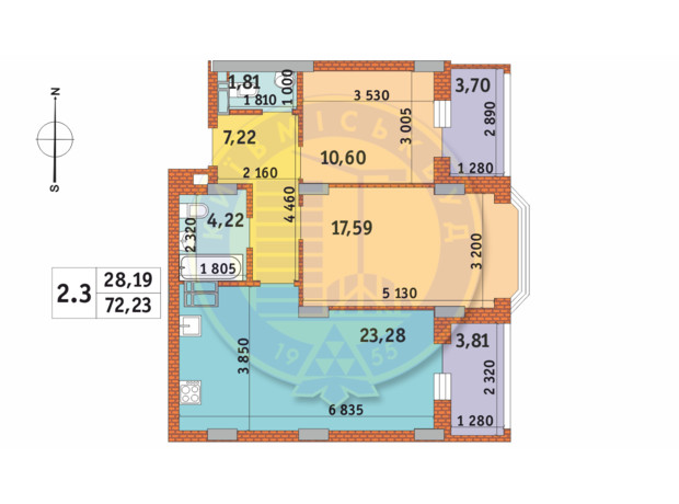 ЖК Чаривне Мисто: планировка 2-комнатной квартиры 72.23 м²