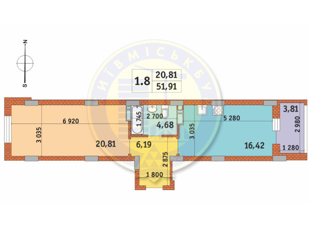 ЖК Чаривне Мисто: планировка 1-комнатной квартиры 51.91 м²