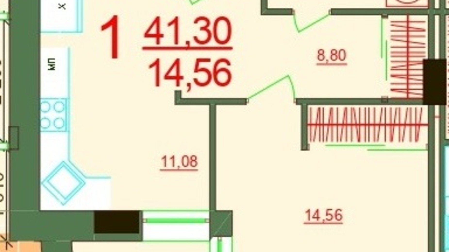 Планировка 1-комнатной квартиры в ЖК Карат 41.3 м², фото 237873