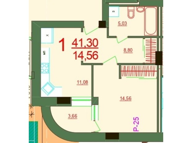 ЖК Карат: планировка 1-комнатной квартиры 41.3 м²