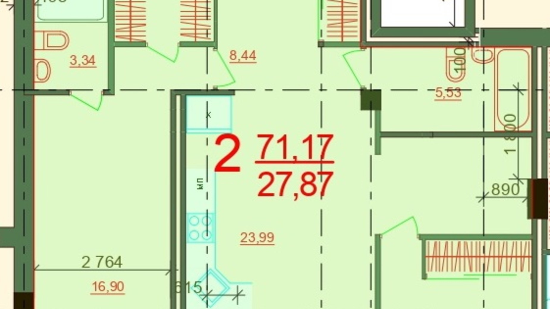 Планування 2-кімнатної квартири в ЖК Карат 71.17 м², фото 237876