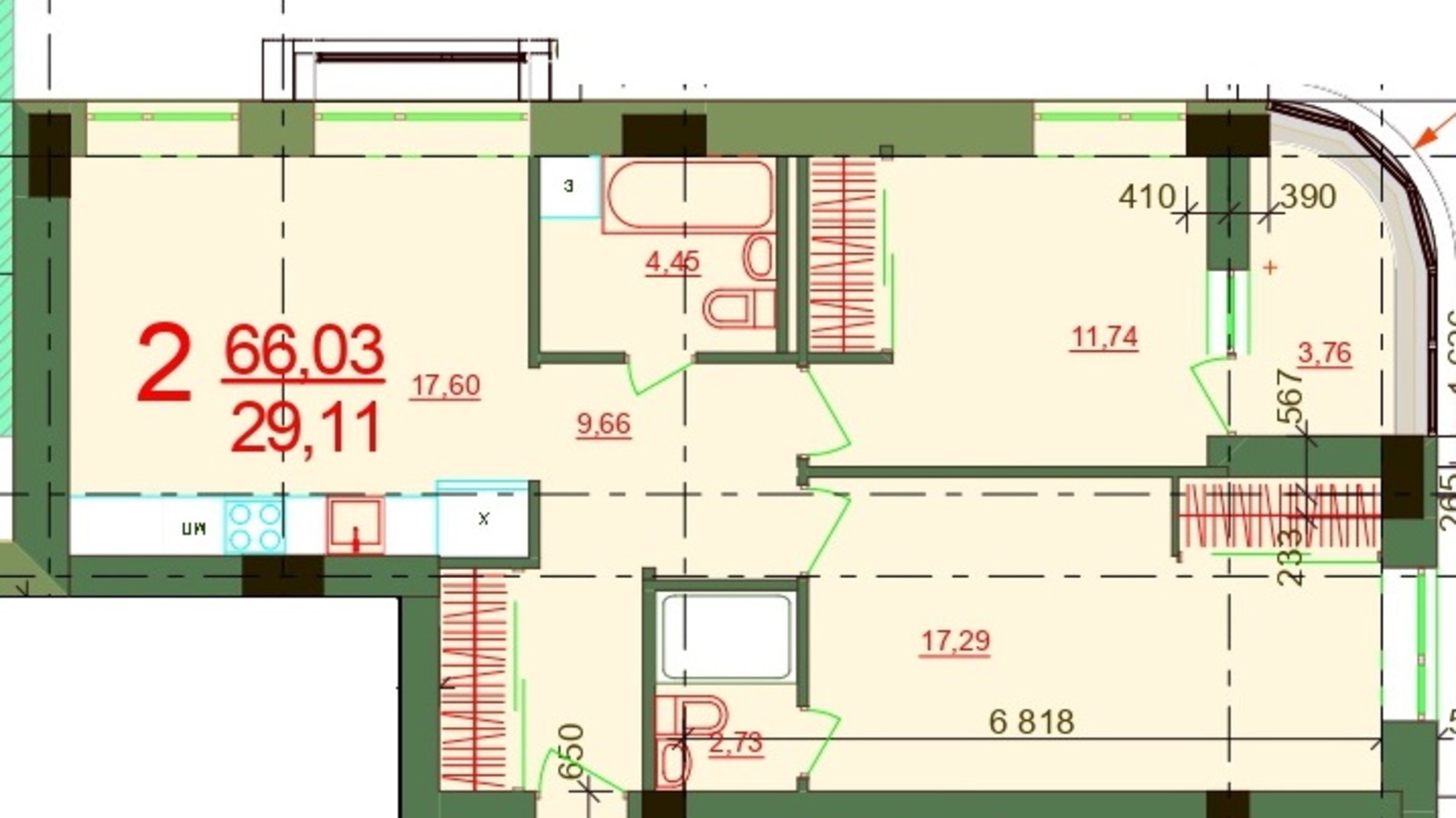 Планування 2-кімнатної квартири в ЖК Карат 66.03 м², фото 237877