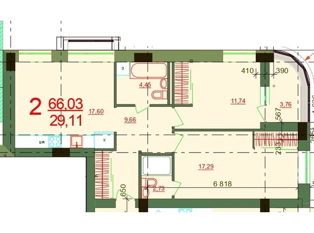 ЖК Карат: планування 2-кімнатної квартири 66.03 м²