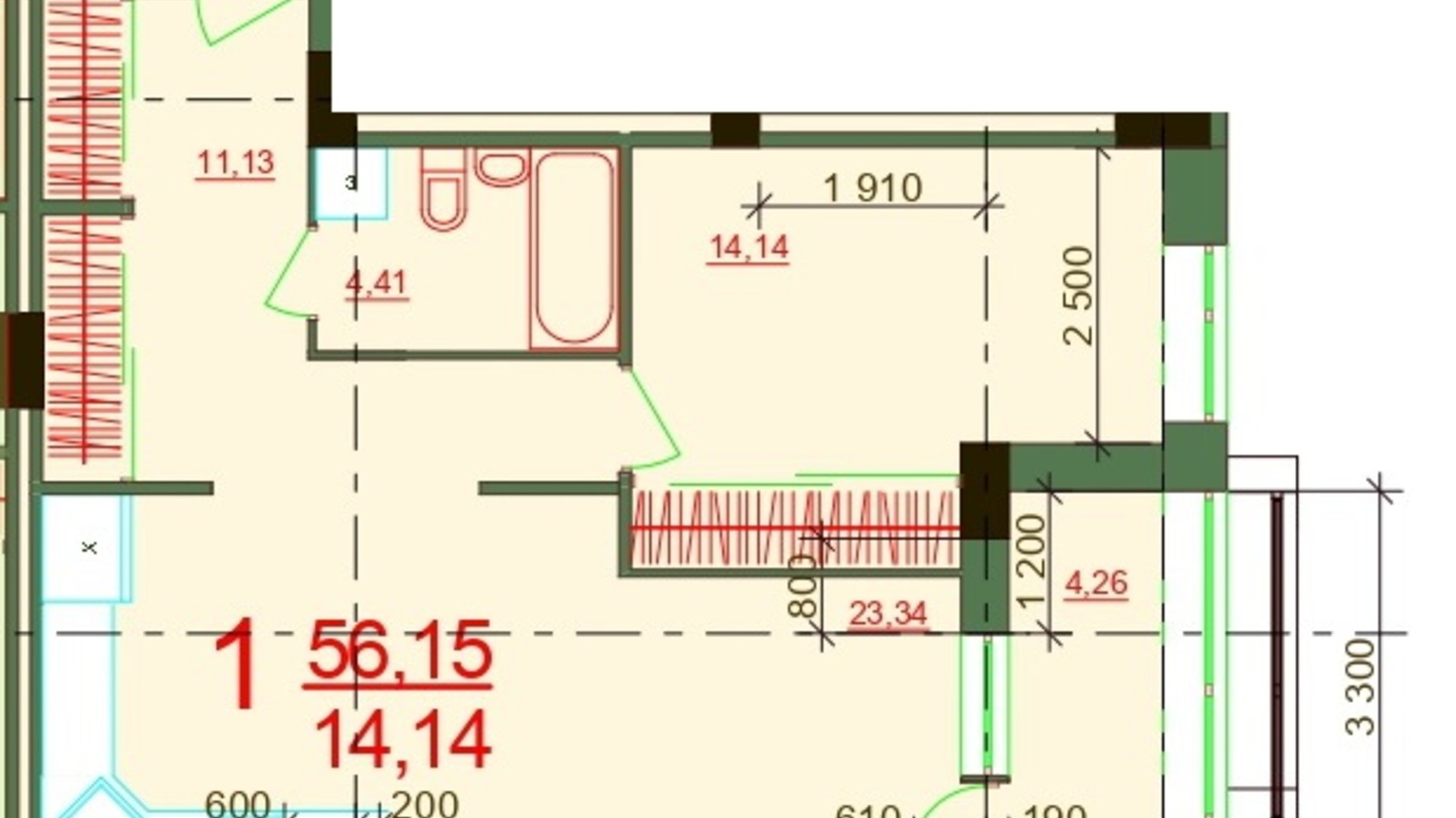 Планування 1-кімнатної квартири в ЖК Карат 55.69 м², фото 237878