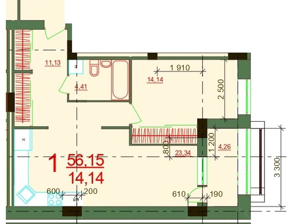 ЖК Карат: планировка 1-комнатной квартиры 55.69 м²