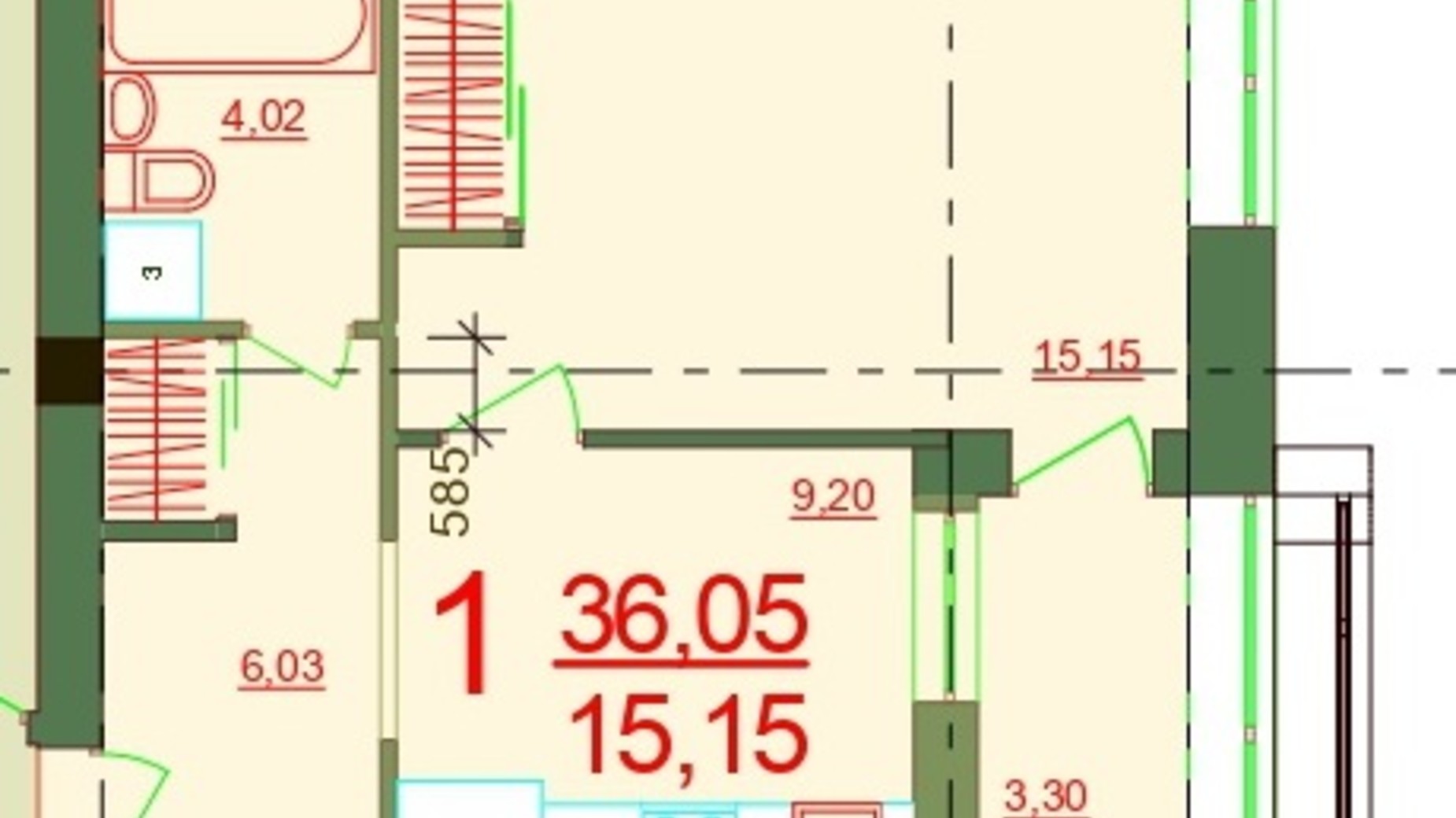 Планування 1-кімнатної квартири в ЖК Карат 36.05 м², фото 237880