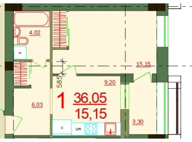 ЖК Карат: планування 1-кімнатної квартири 36.05 м²