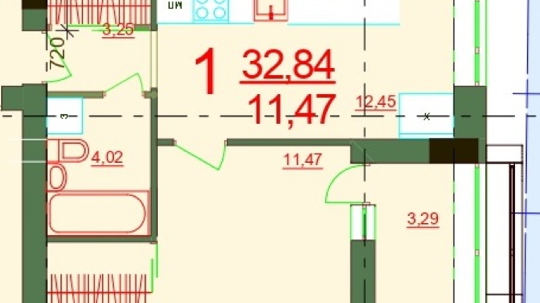 Планировка 1-комнатной квартиры в ЖК Карат 32.84 м², фото 237882