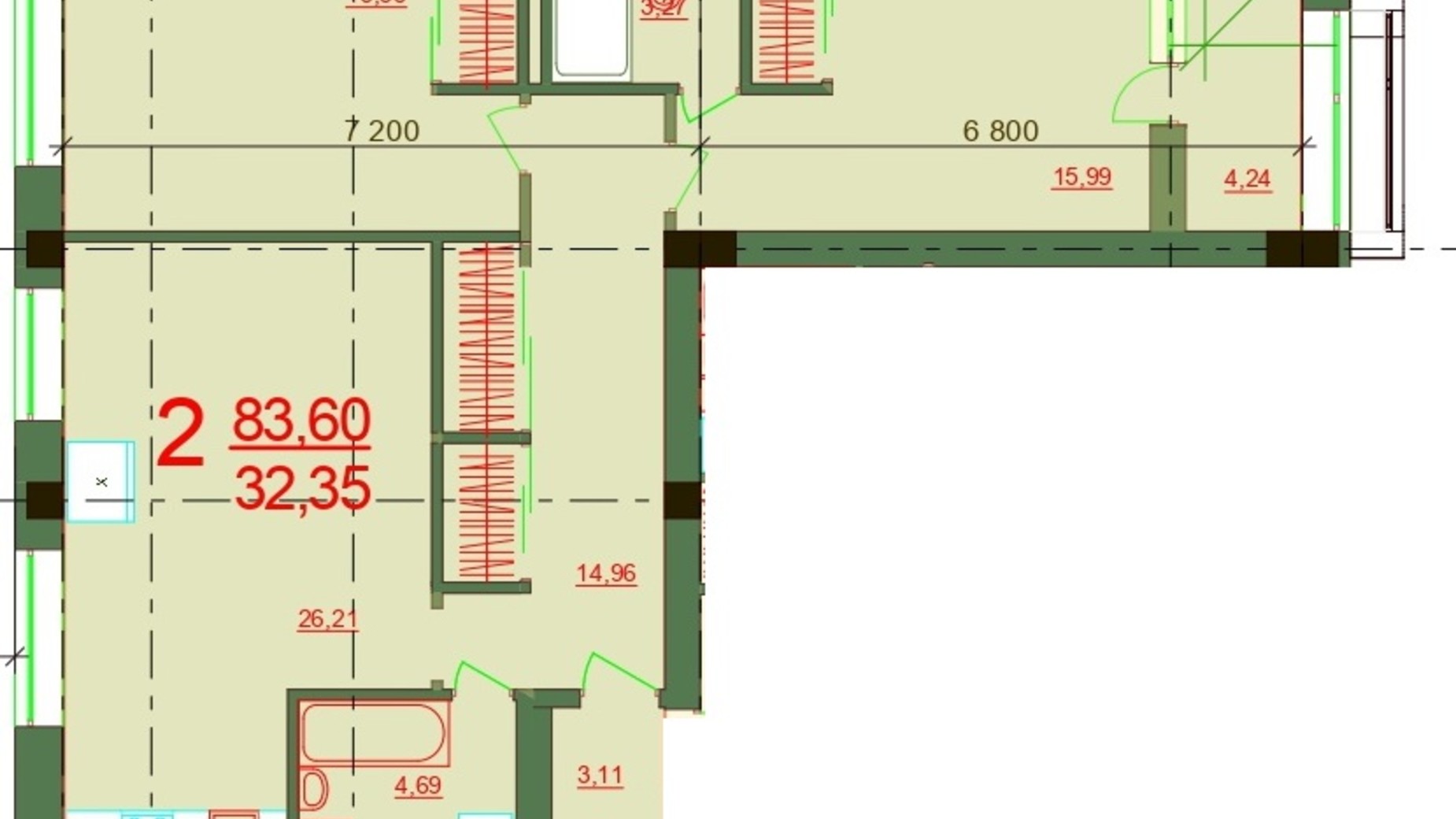 Планування 2-кімнатної квартири в ЖК Карат 83.6 м², фото 237883
