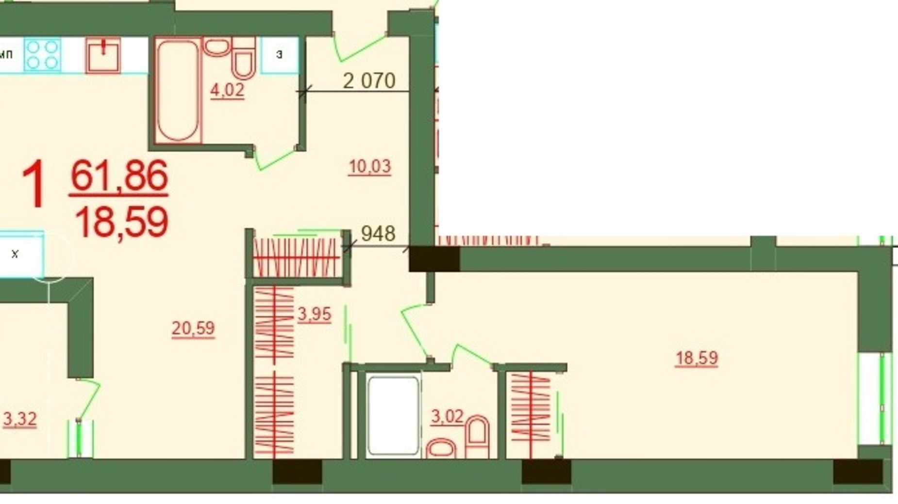 Планування 1-кімнатної квартири в ЖК Карат 61.86 м², фото 237885