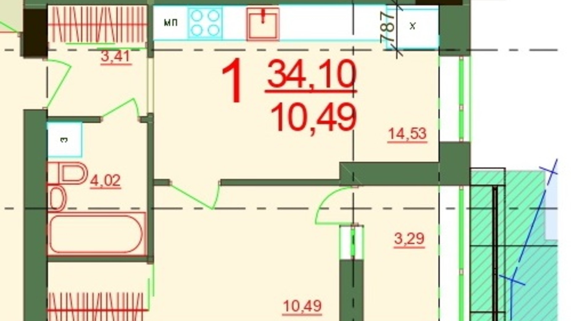 Планировка 1-комнатной квартиры в ЖК Карат 34.1 м², фото 237887