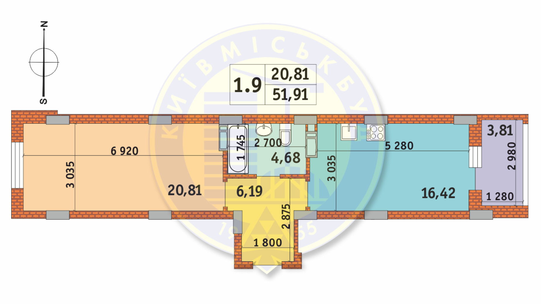 Планировка 1-комнатной квартиры в ЖК Чаривне Мисто 51.91 м², фото 237982