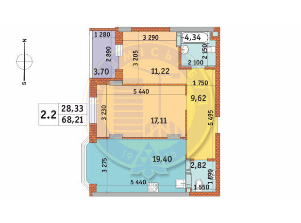 ЖК Чаривне Мисто: планировка 2-комнатной квартиры 68.21 м²