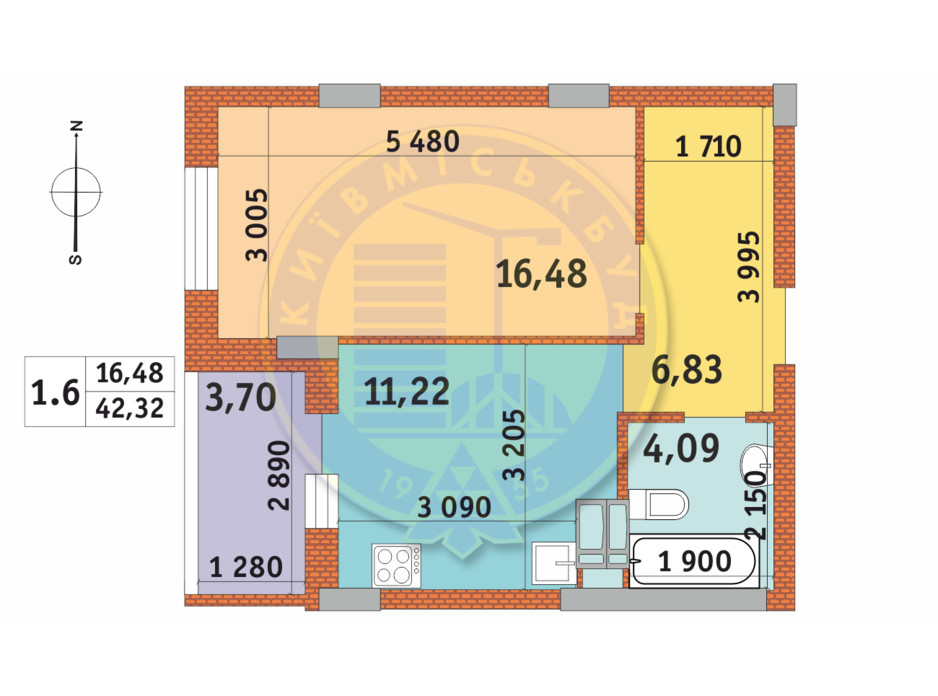 Планировка 1-комнатной квартиры в ЖК Чаривне Мисто 42.32 м², фото 237985 Планировка 1-комнатной квартиры в ЖК Чаривне Мисто 42.32 м², фото 237985