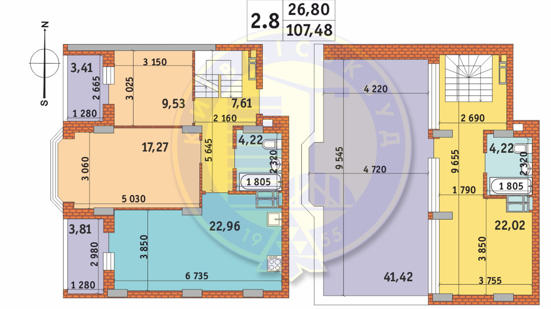 Планировка много­уровневой квартиры в ЖК Чаривне Мисто 107.48 м², фото 237991