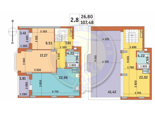 ЖК Чаривне Мисто: планировка 2-комнатной квартиры 107.48 м²