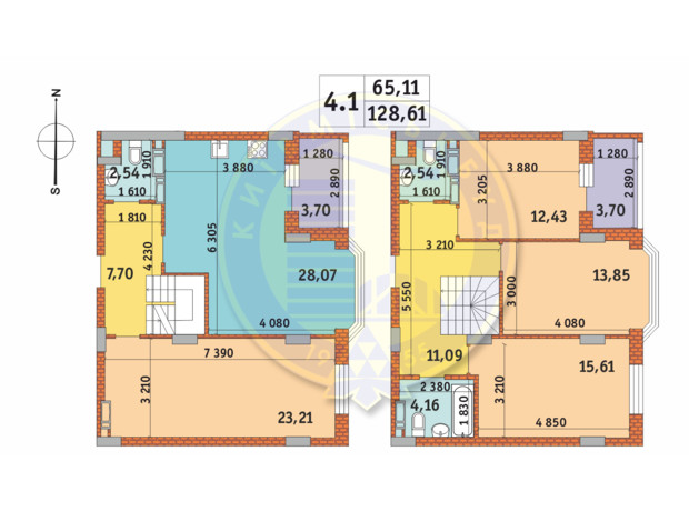 ЖК Чаривне Мисто: планировка 4-комнатной квартиры 128.61 м²