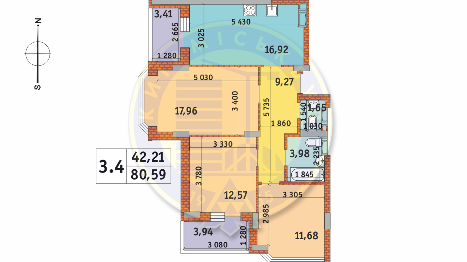 Планування 3-кімнатної квартири в ЖК Чарівне Місто 80.59 м², фото 238003