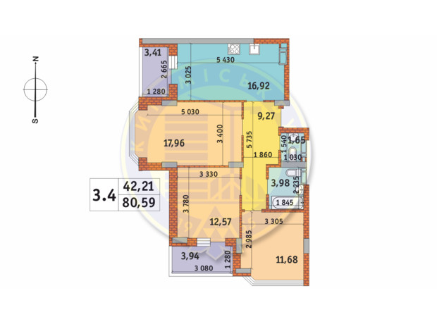 ЖК Чаривне Мисто: планировка 3-комнатной квартиры 80.59 м²