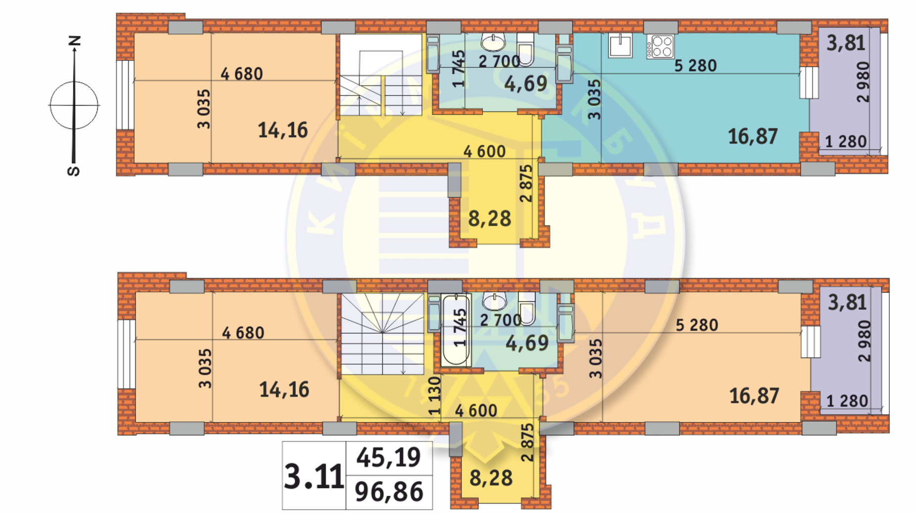 Планировка много­уровневой квартиры в ЖК Чаривне Мисто 96.86 м², фото 238004