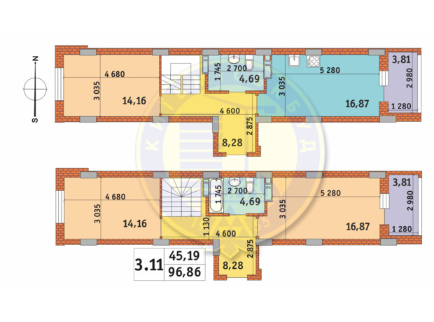 ЖК Чаривне Мисто: планировка 3-комнатной квартиры 96.86 м²