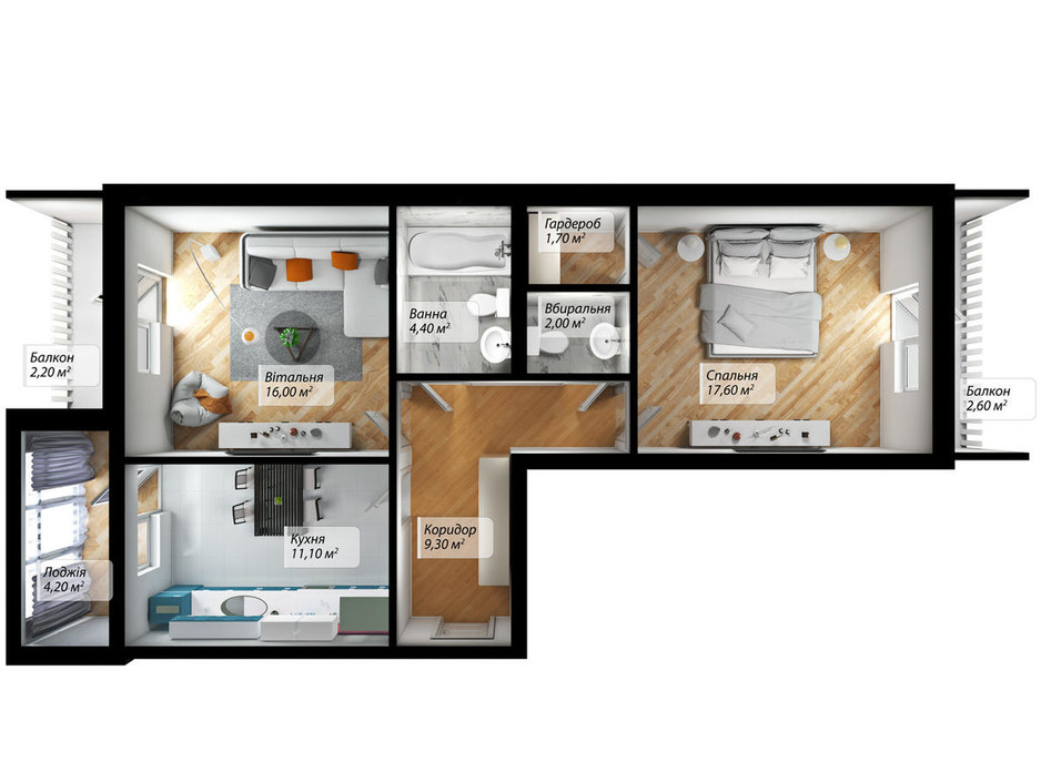 Планування 2-кімнатної квартири в ЖК Сенатор 71.1 м², фото 238026 Планування 2-кімнатної квартири в ЖК Сенатор 71.1 м², фото 238026