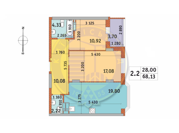 ЖК Чаривне Мисто: планировка 2-комнатной квартиры 68.13 м²