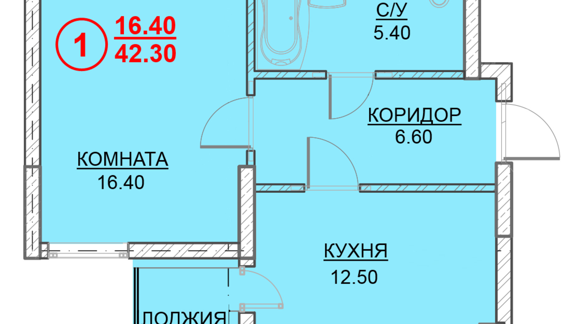 Планировка 1-комнатной квартиры в ЖК Велесгард 42.3 м², фото 239611