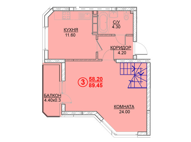 ЖК Велесгард: планировка 3-комнатной квартиры 89.45 м²