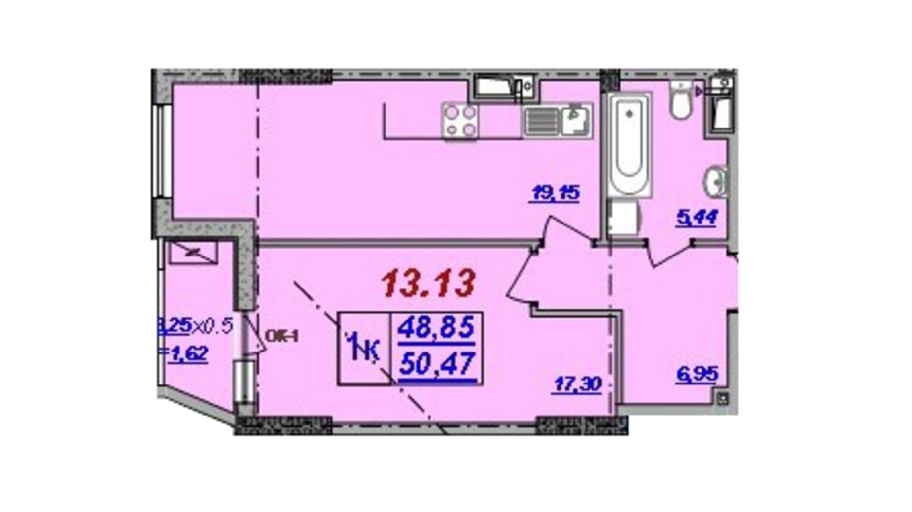 Планировка 1-комнатной квартиры в ЖК Милос 50.47 м², фото 239746