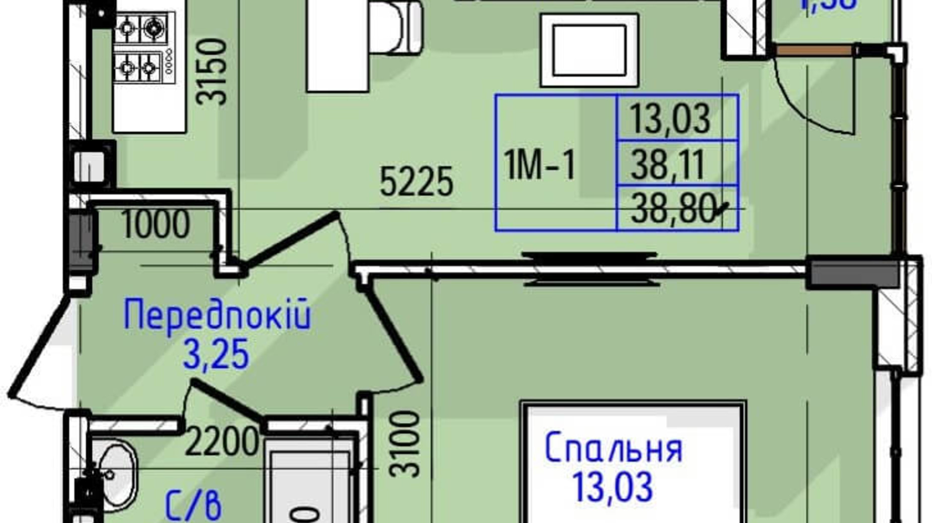 Планування 1-кімнатної квартири в ЖК Гостомель Residence 38.8 м², фото 240669