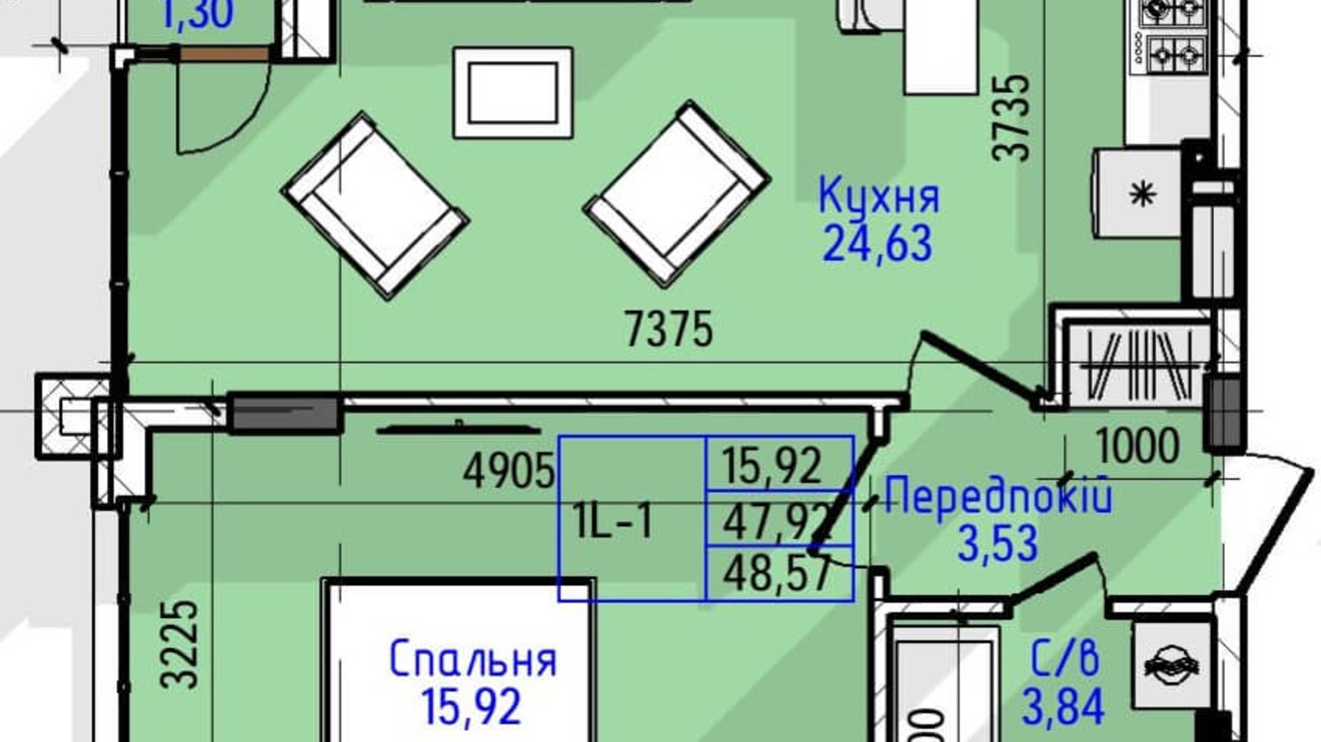 Планування 1-кімнатної квартири в ЖК Гостомель Residence 48.57 м², фото 240670