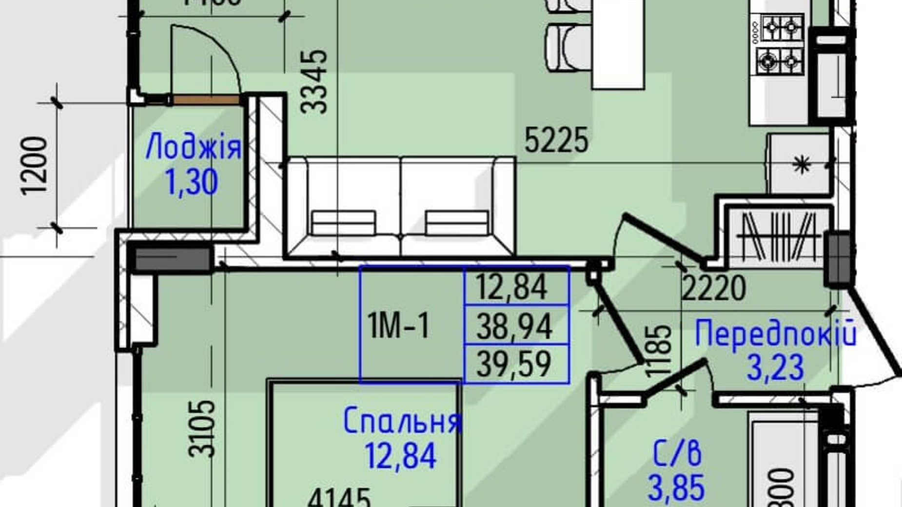 Планування 1-кімнатної квартири в ЖК Гостомель Residence 39.59 м², фото 240671