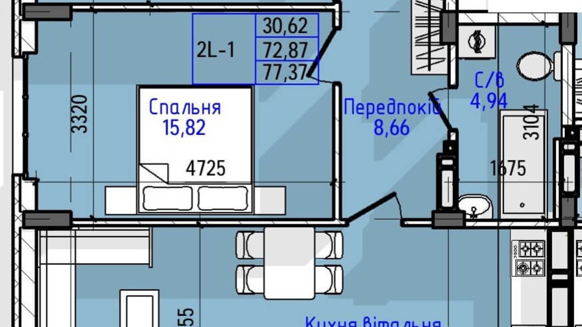 Планування 2-кімнатної квартири в ЖК Гостомель Residence 77.37 м², фото 240675