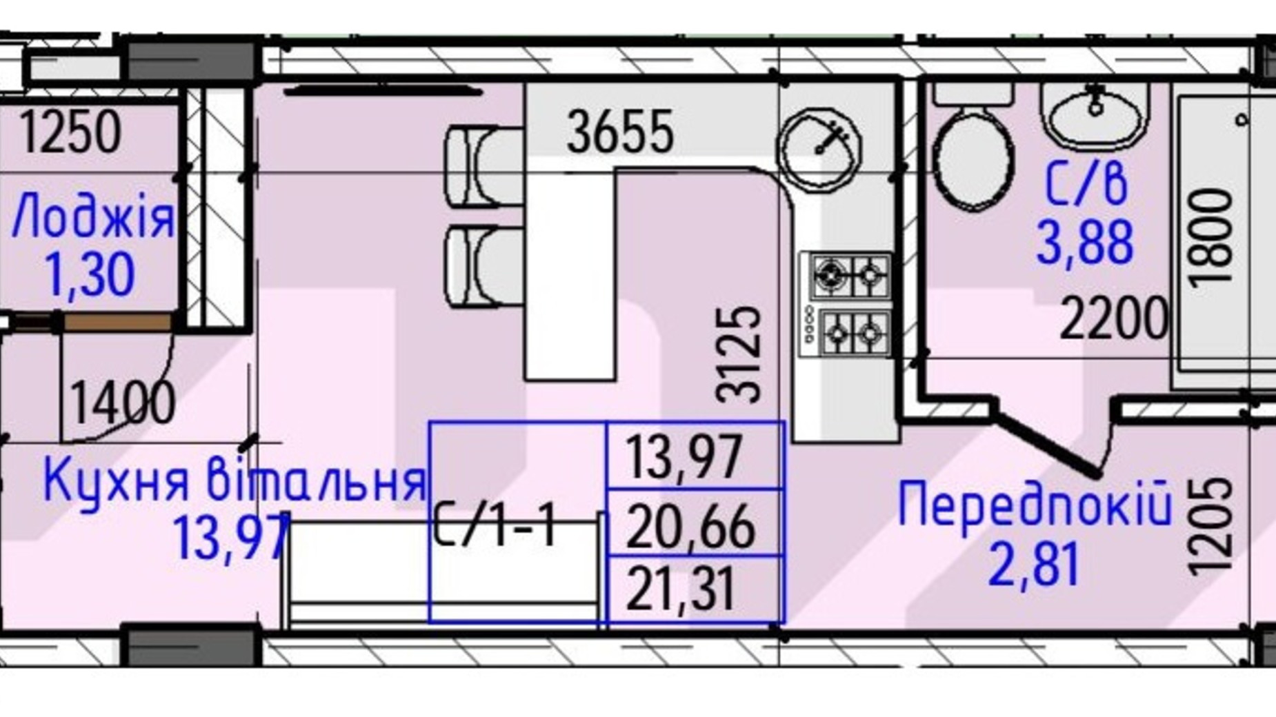 Планування 1-кімнатної квартири в ЖК Гостомель Residence 21.31 м², фото 240677