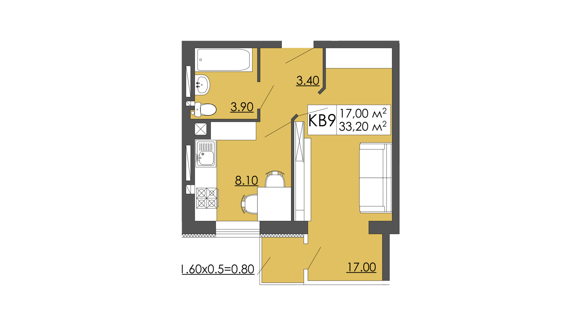 Планировка 1-комнатной квартиры в ЖК Родинна казка 33.2 м², фото 240962