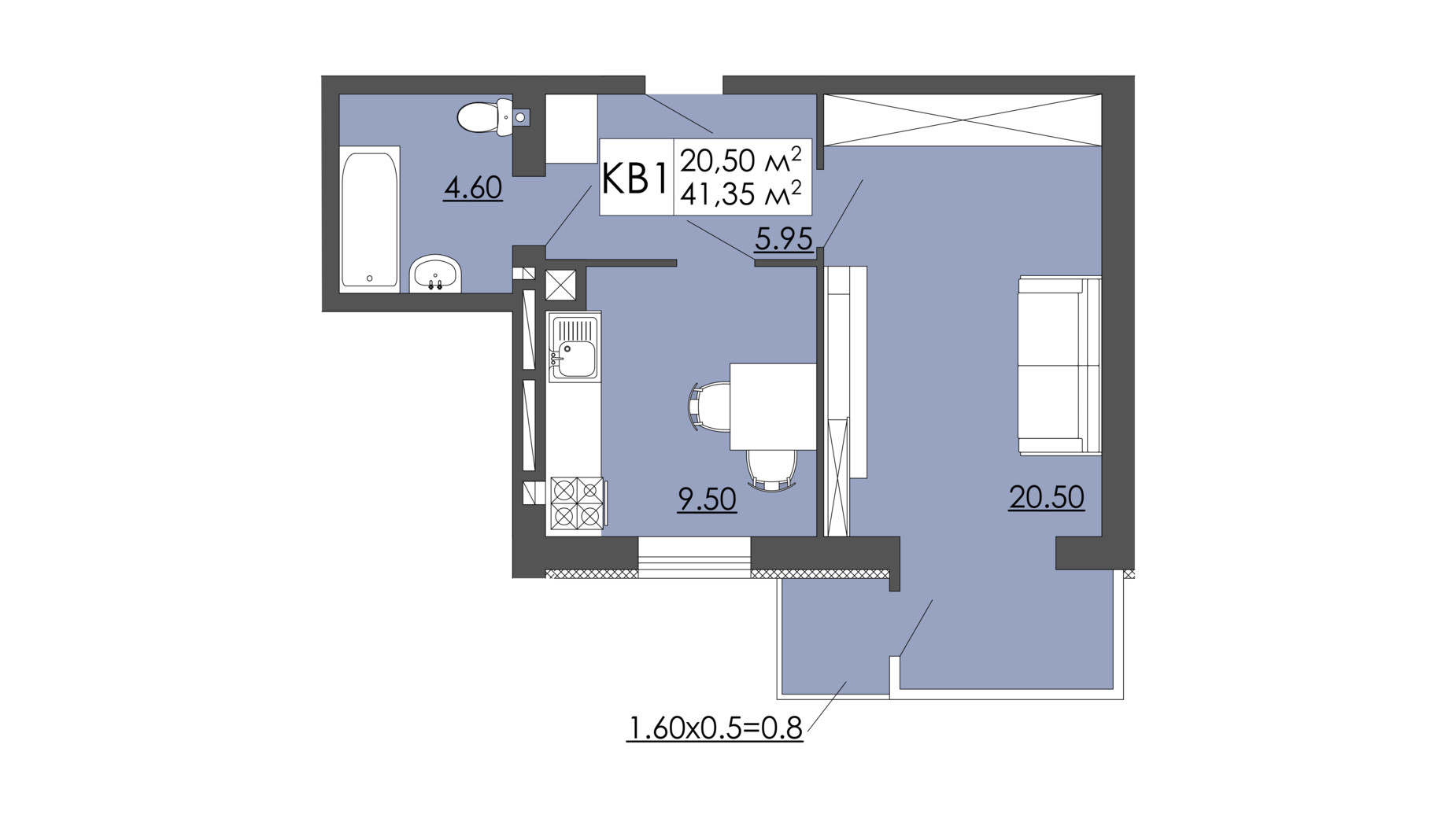 Планировка 1-комнатной квартиры в ЖК Родинна казка 41.35 м², фото 240963