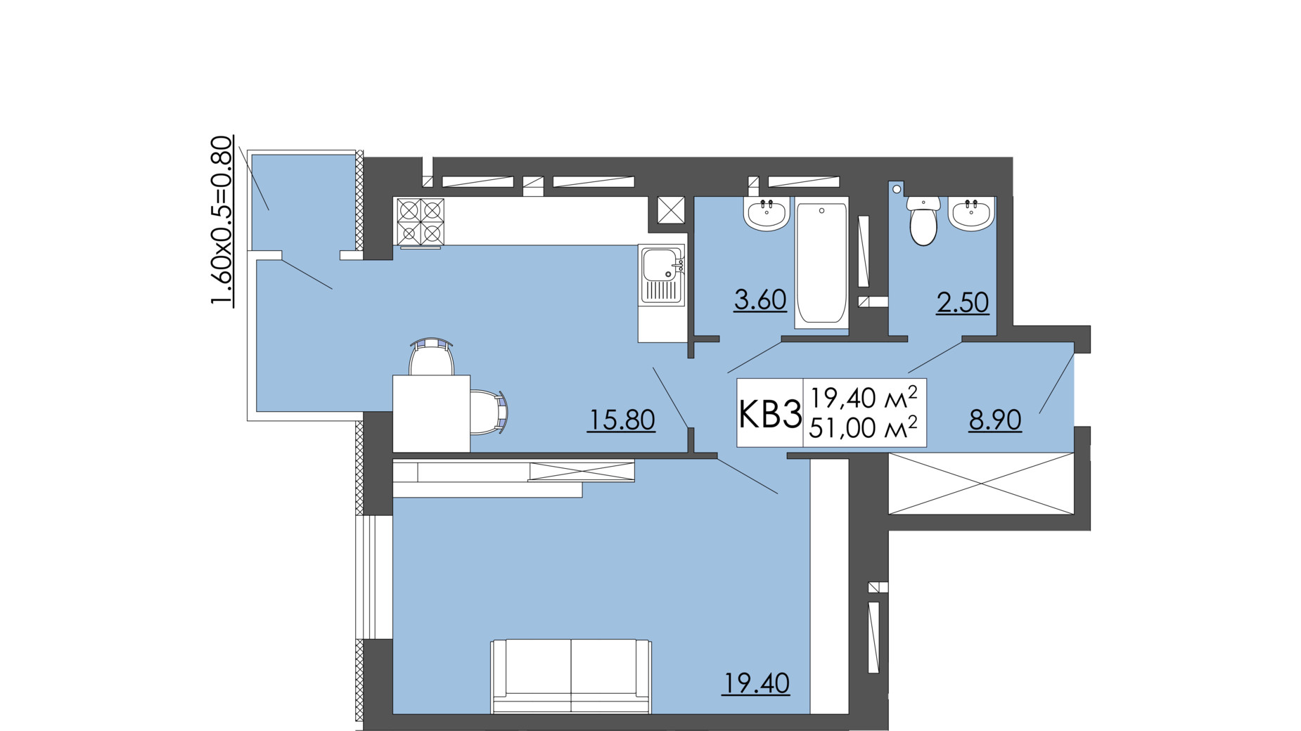 Планировка 1-комнатной квартиры в ЖК Родинна казка 51 м², фото 240966