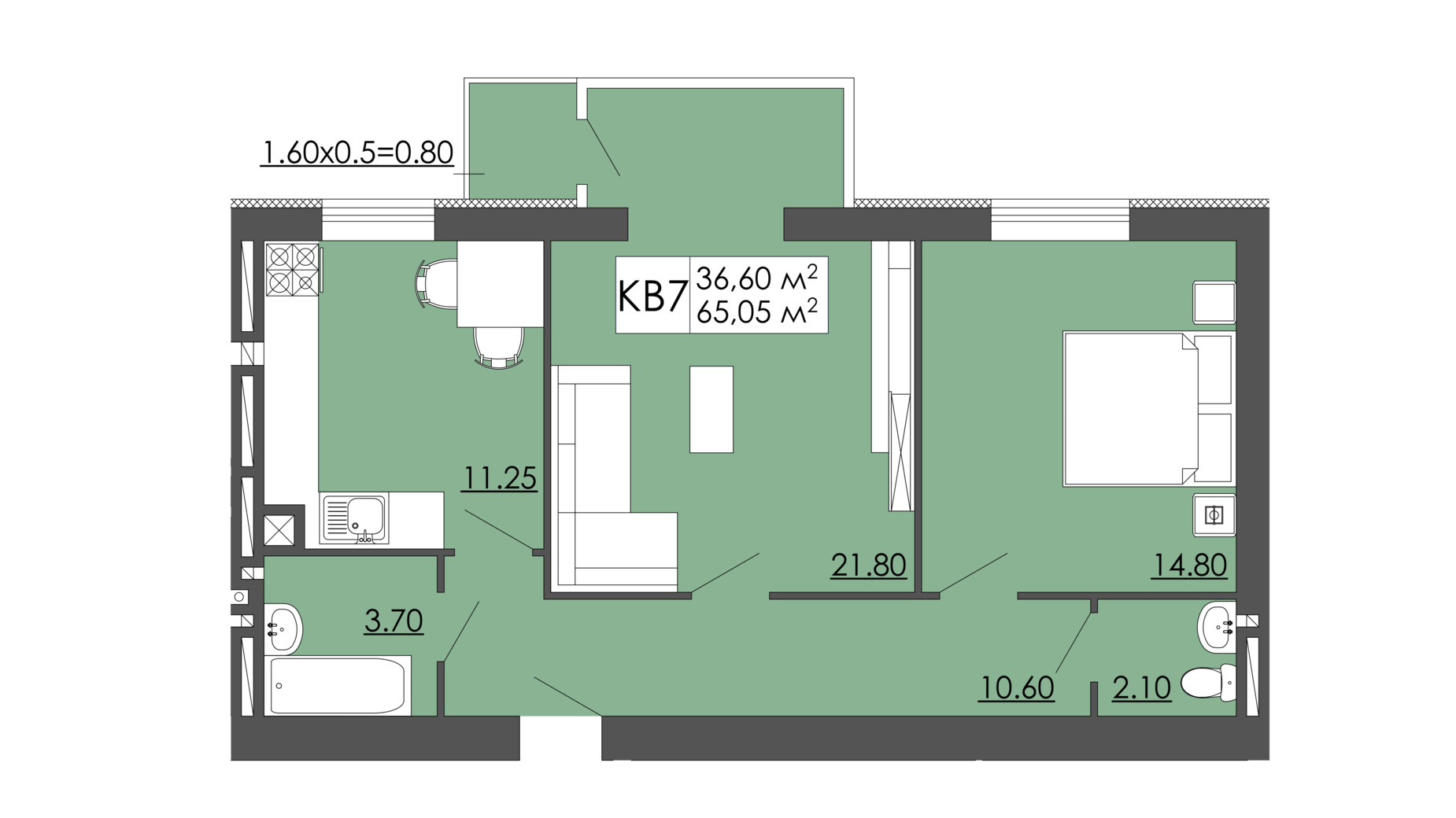 Планування 2-кімнатної квартири в ЖК Родинна казка 65.05 м², фото 240968