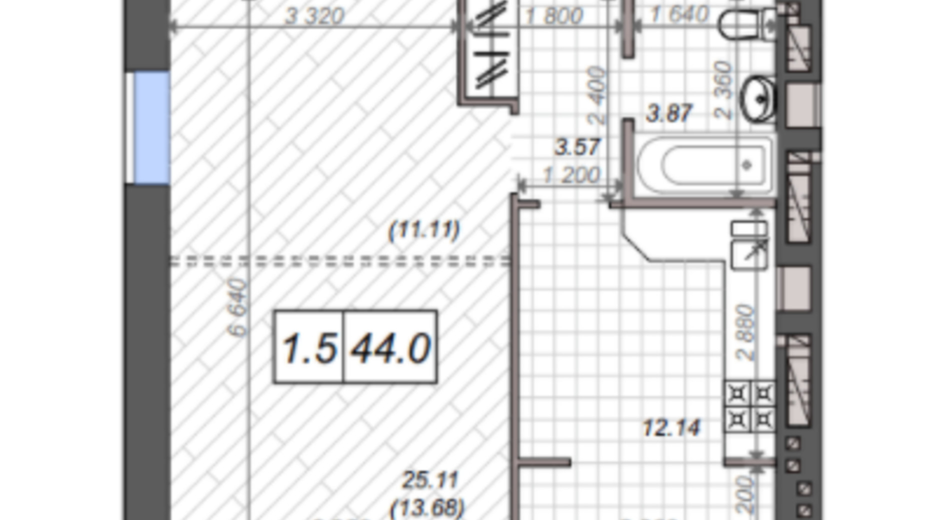 Планування 1-кімнатної квартири в ЖК Нові Метри PARK 43.8 м², фото 241080