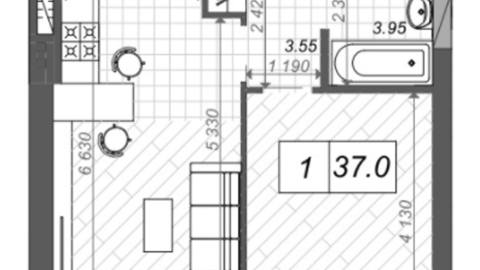 Планировка 1-комнатной квартиры в ЖК Новые Метры Center 37 м², фото 241089