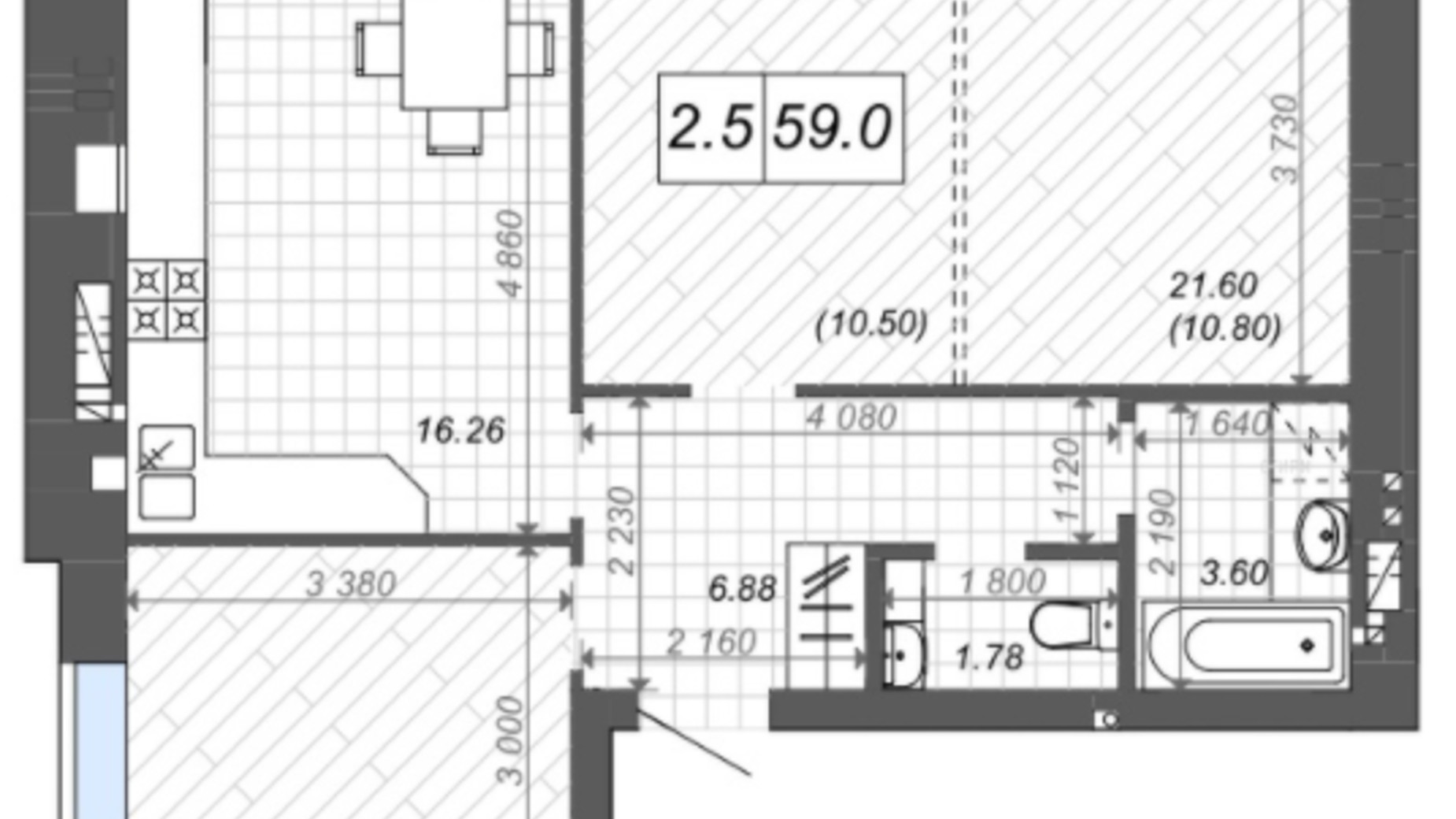 Планування 2-кімнатної квартири в ЖК Нові Метри Center 59 м², фото 241091