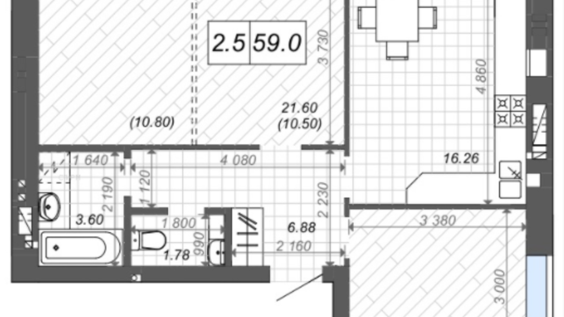 Планировка 2-комнатной квартиры в ЖК Новые Метры Center 59 м², фото 241095