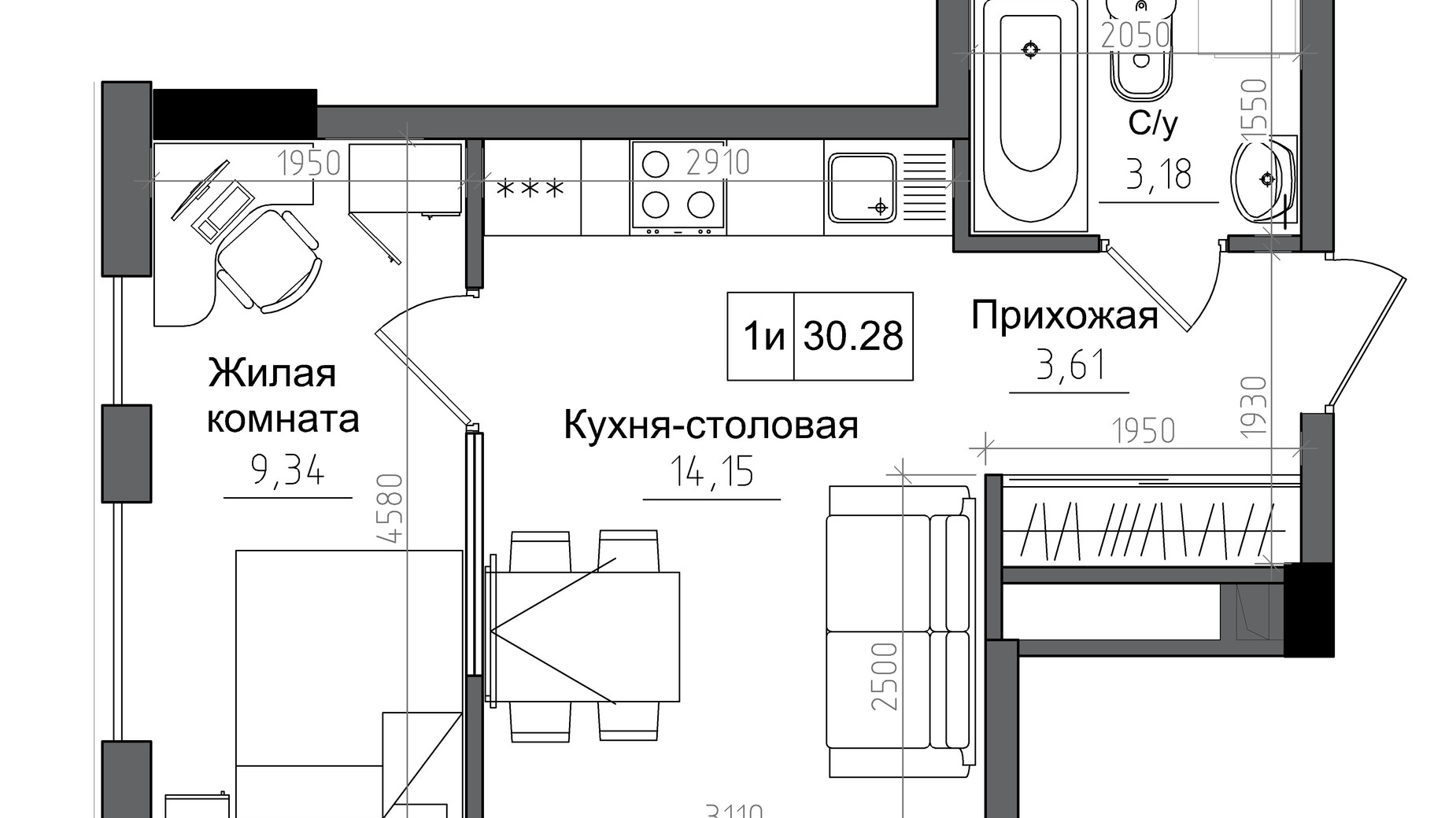 Планування 1-кімнатної квартири в ЖК Artville 30.28 м², фото 241416