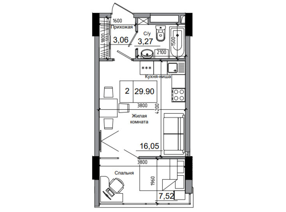 Планировка 1-комнатной квартиры в ЖК Artville 29.9 м², фото 241420 Планировка 1-комнатной квартиры в ЖК Artville 29.9 м², фото 241420
