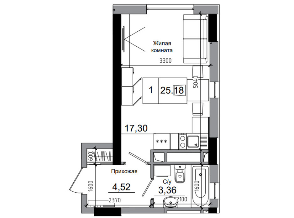 Планировка смарт квартиры в ЖК Artville 25.18 м², фото 241421 Планировка смарт квартиры в ЖК Artville 25.18 м², фото 241421