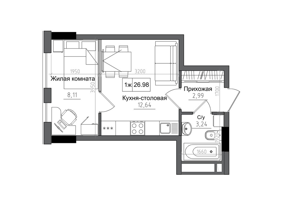 Планировка 1-комнатной квартиры в ЖК Artville 26.98 м², фото 241430 Планировка 1-комнатной квартиры в ЖК Artville 26.98 м², фото 241430