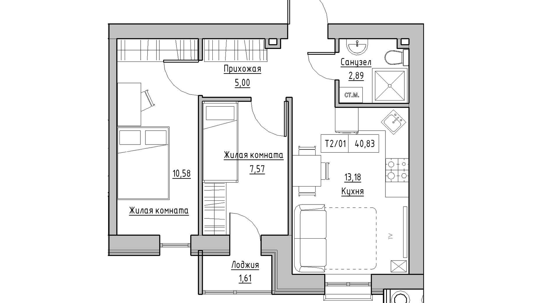 Планировка 2-комнатной квартиры в ЖК KEKS 40.83 м², фото 241433