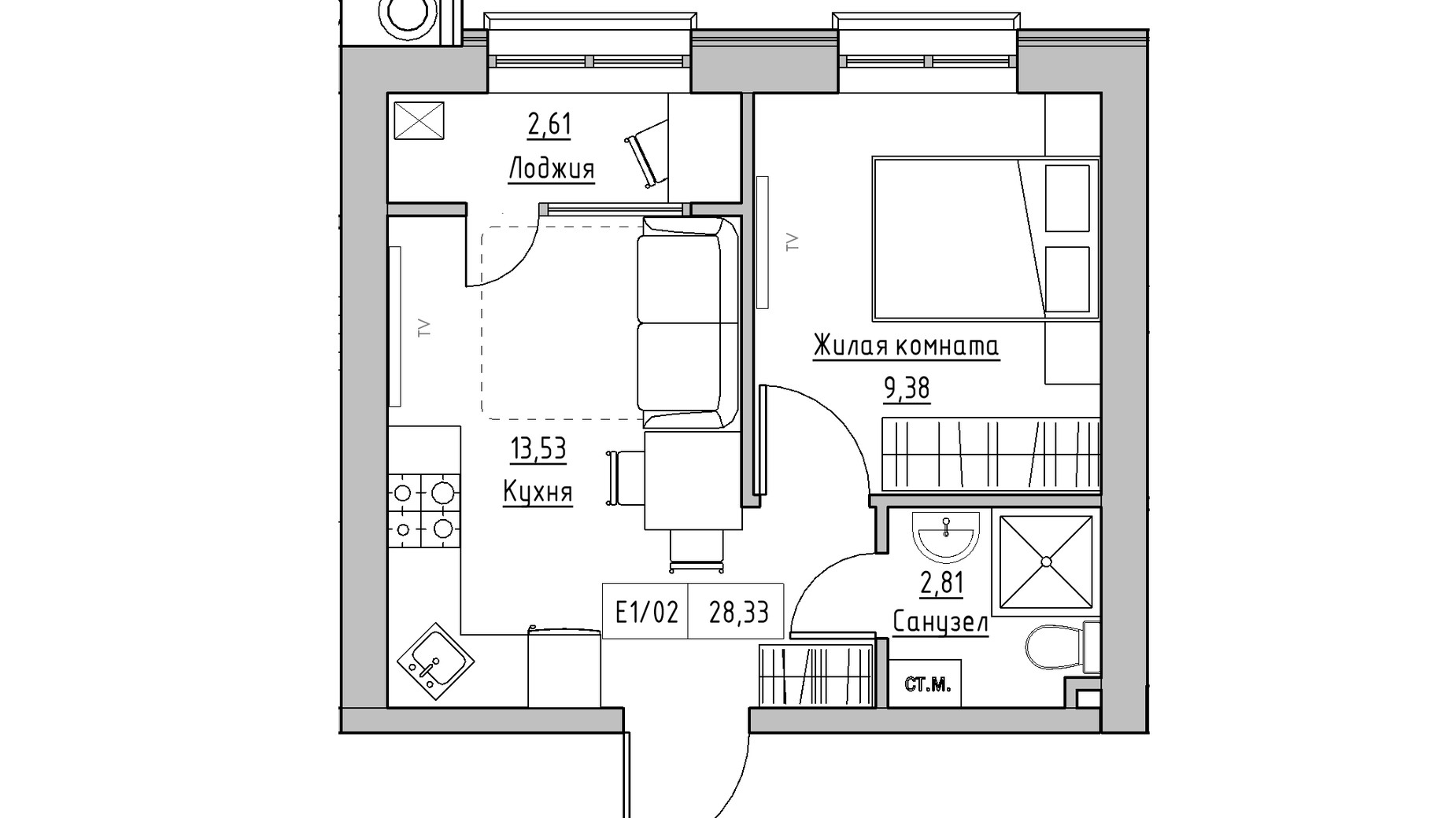 Планування 1-кімнатної квартири в ЖК KEKS 28.33 м², фото 241435